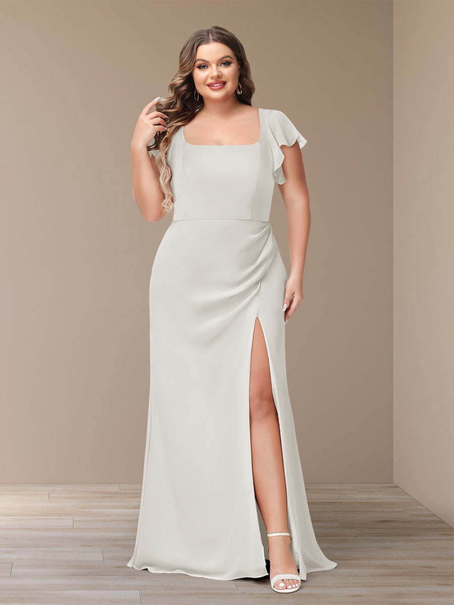 Plus Size Chiffon Bridesmaid Dress with Side Split and Short Sleeves