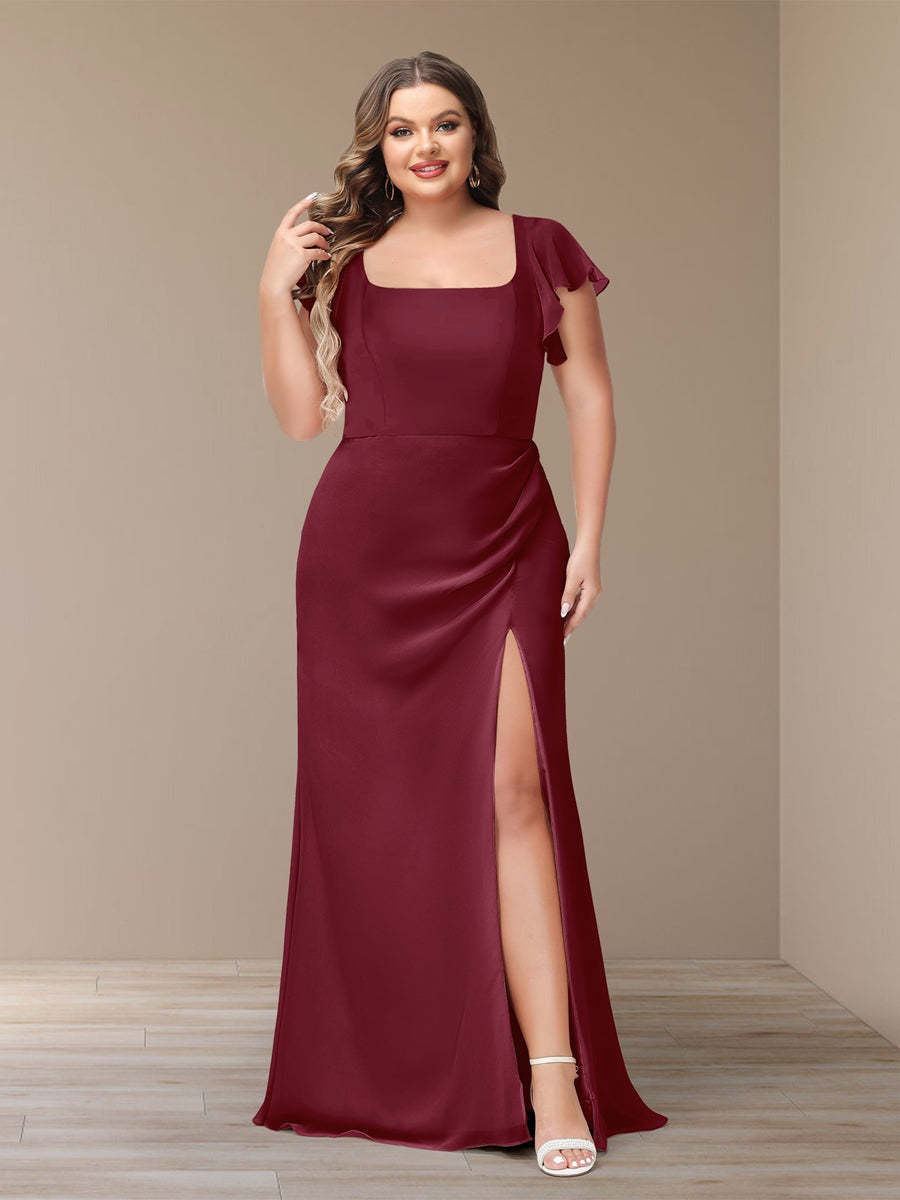 Plus Size Chiffon Bridesmaid Dress with Side Split and Short Sleeves