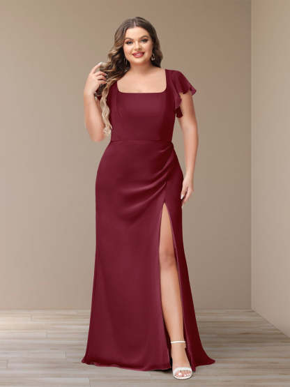 Plus Size Chiffon Bridesmaid Dress with Side Split and Short Sleeves
