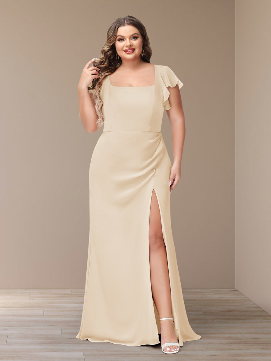 Plus Size Chiffon Bridesmaid Dress with Side Split and Short Sleeves