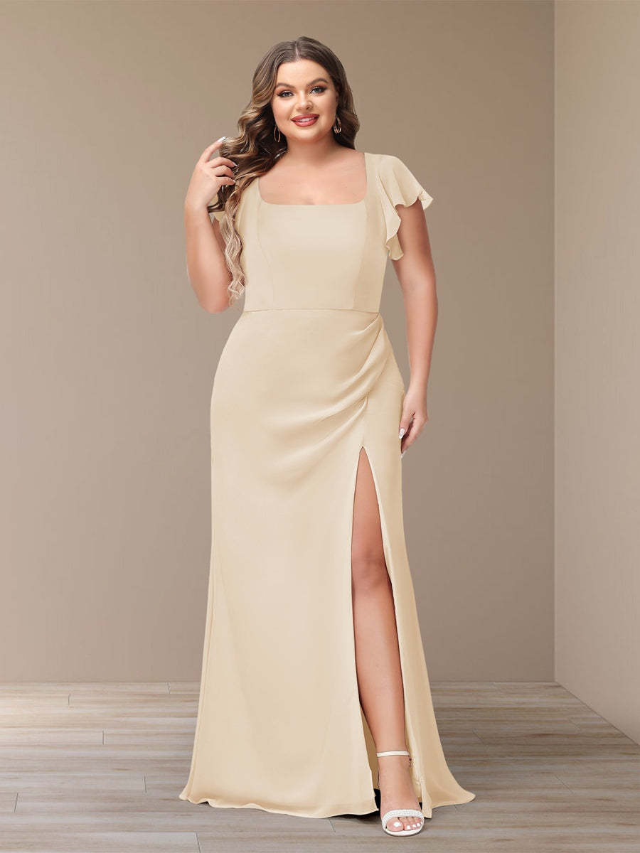 Plus Size Chiffon Bridesmaid Dress with Side Split and Short Sleeves