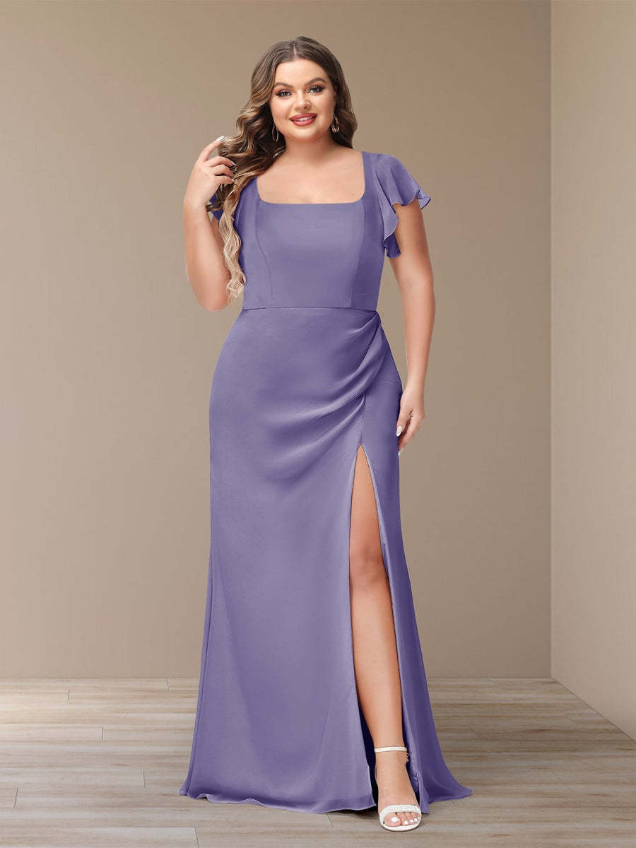 Plus Size Chiffon Bridesmaid Dress with Side Split and Short Sleeves