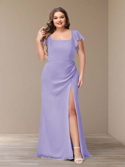 Plus Size Chiffon Bridesmaid Dress with Side Split and Short Sleeves