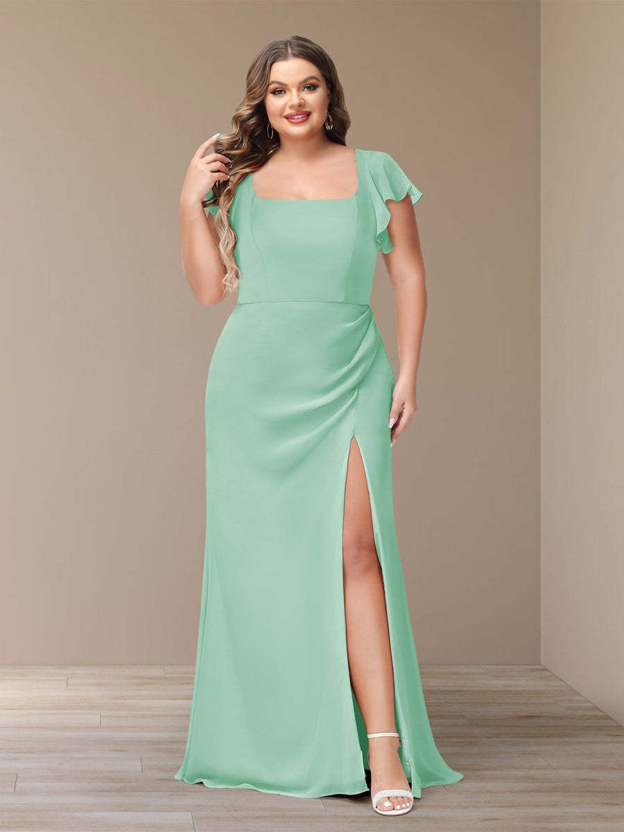 Plus Size Chiffon Bridesmaid Dress with Side Split and Short Sleeves
