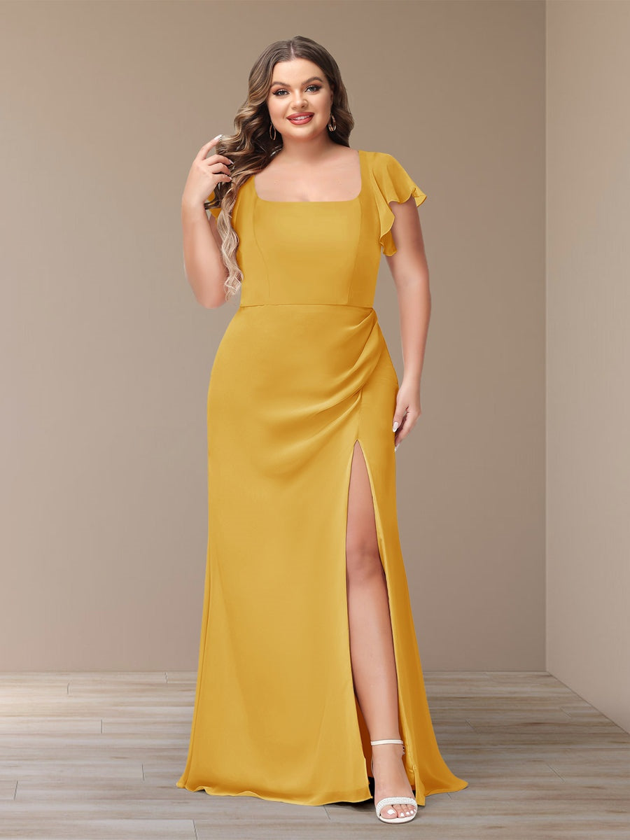 Plus Size Chiffon Bridesmaid Dress with Side Split and Short Sleeves