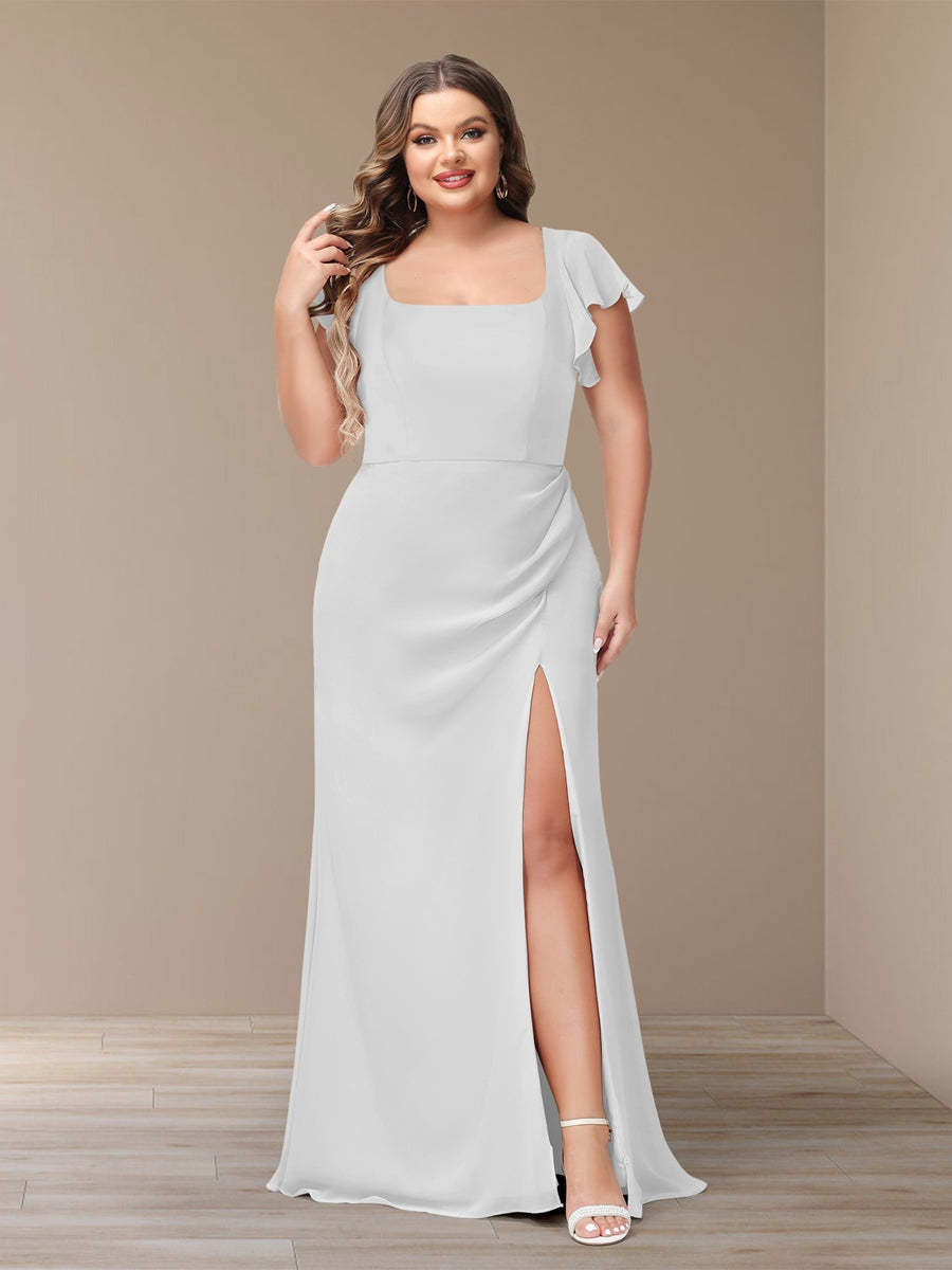 Plus Size Chiffon Bridesmaid Dress with Side Split and Short Sleeves