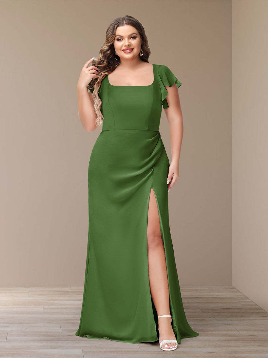 Plus Size Chiffon Bridesmaid Dress with Side Split and Short Sleeves