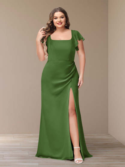 Plus Size Chiffon Bridesmaid Dress with Side Split and Short Sleeves