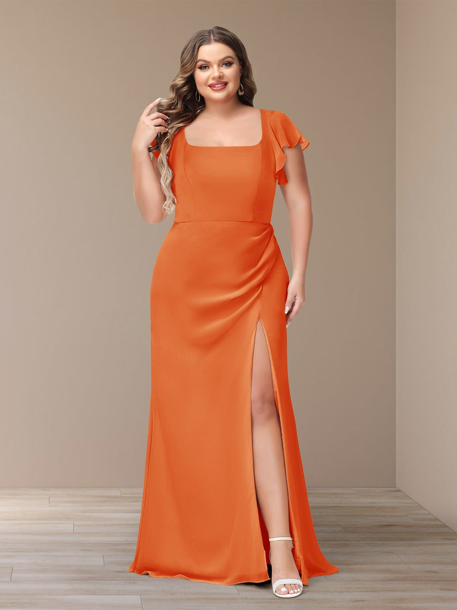 Plus Size Chiffon Bridesmaid Dress with Side Split and Short Sleeves