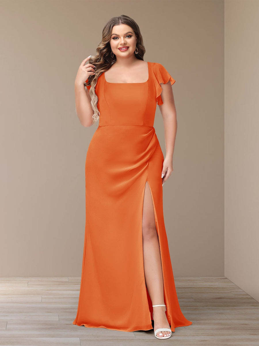 Plus Size Chiffon Bridesmaid Dress with Side Split and Short Sleeves