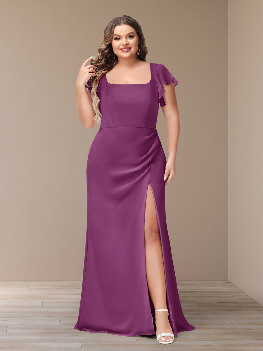 Plus Size Chiffon Bridesmaid Dress with Side Split and Short Sleeves