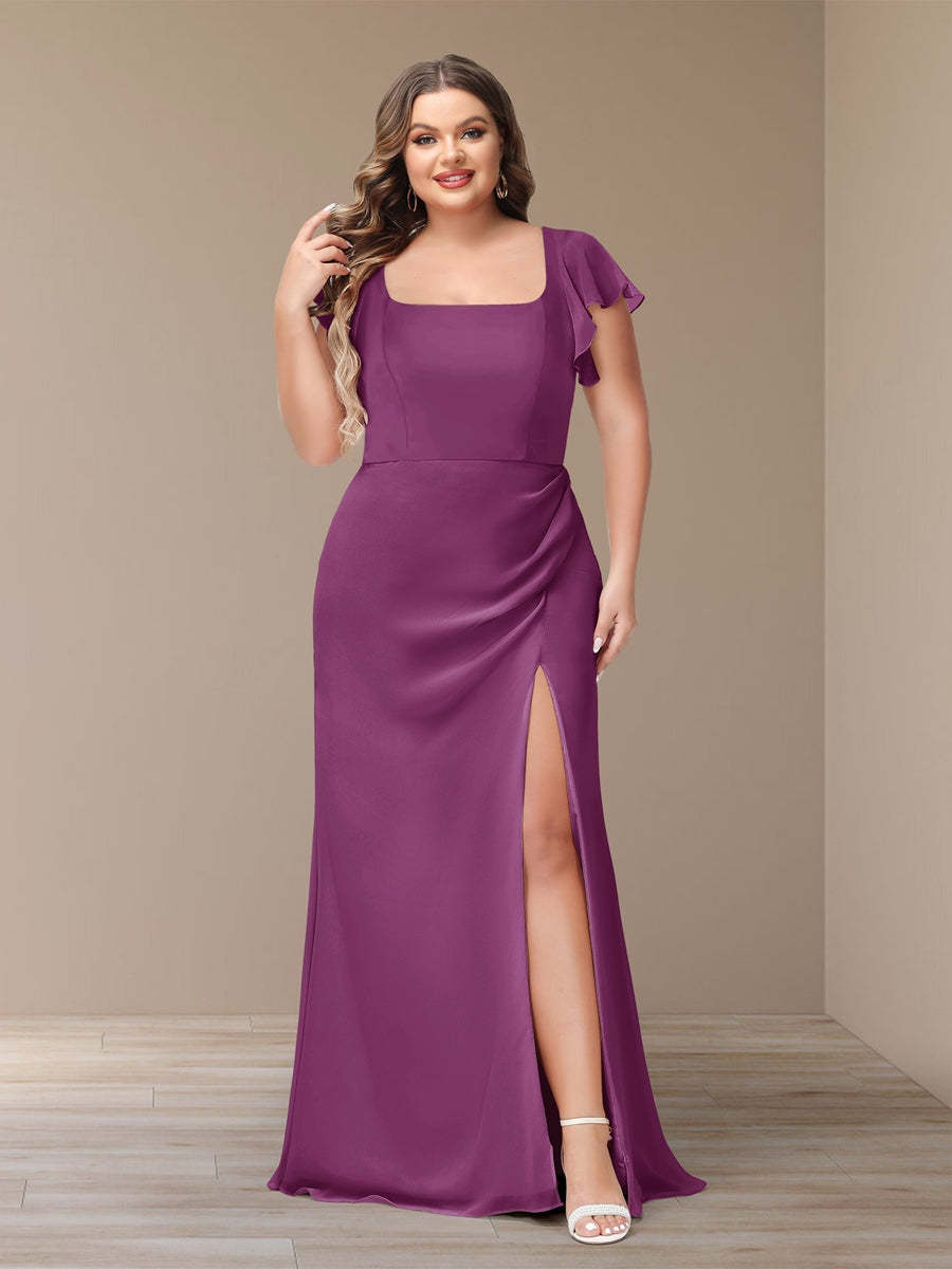 Plus Size Chiffon Bridesmaid Dress with Side Split and Short Sleeves