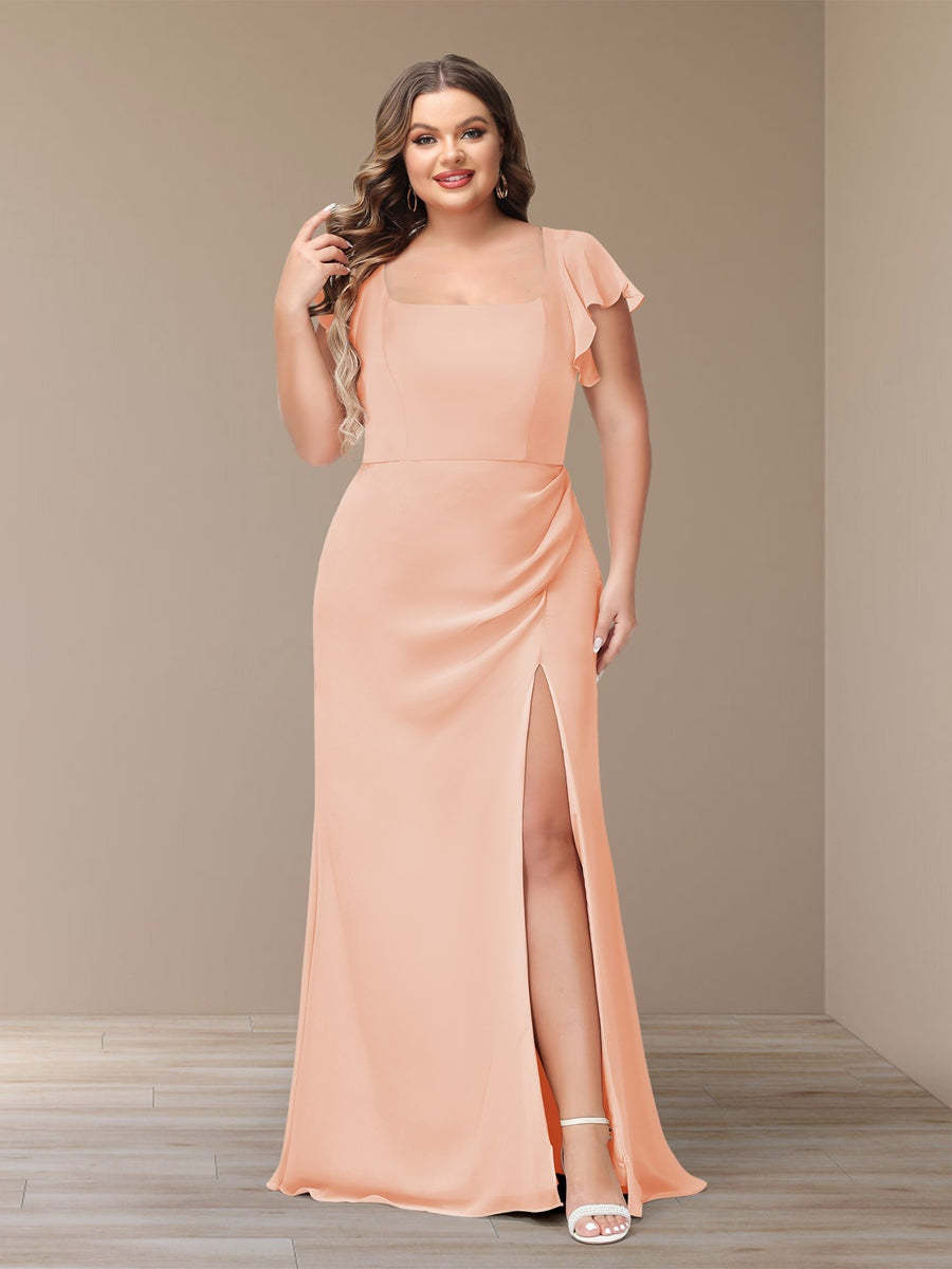 Plus Size Chiffon Bridesmaid Dress with Side Split and Short Sleeves
