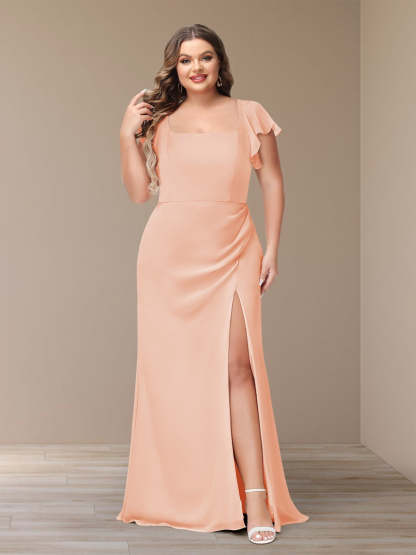 Plus Size Chiffon Bridesmaid Dress with Side Split and Short Sleeves