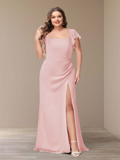 Plus Size Chiffon Bridesmaid Dress with Side Split and Short Sleeves