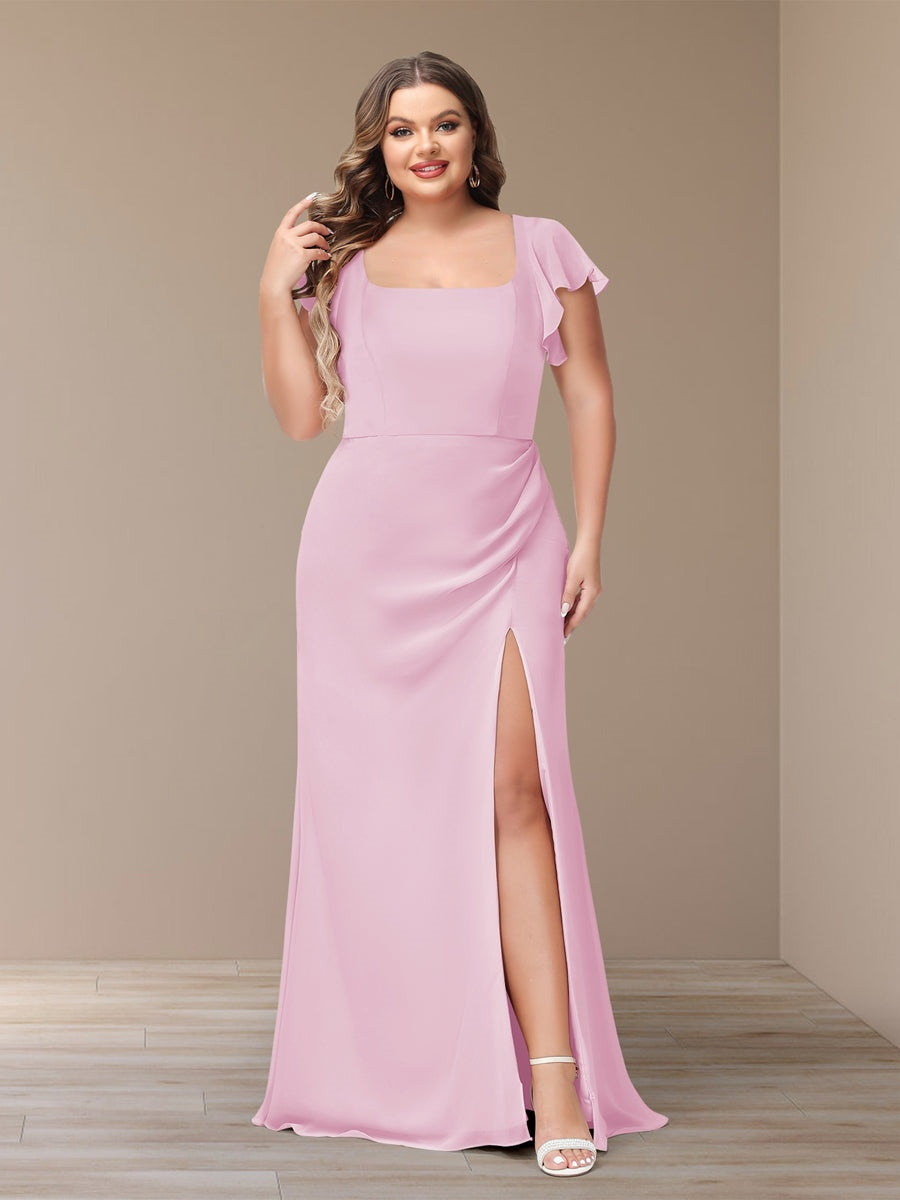 Plus Size Chiffon Bridesmaid Dress with Side Split and Short Sleeves
