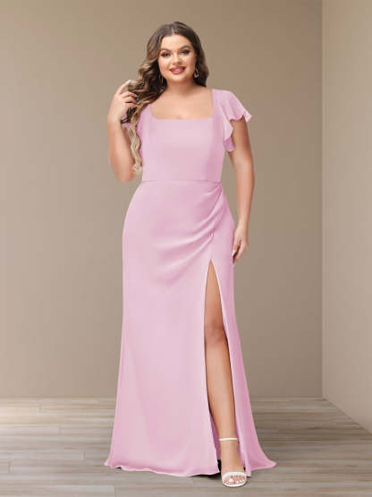 Plus Size Chiffon Bridesmaid Dress with Side Split and Short Sleeves