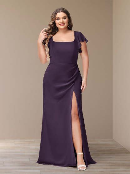 Plus Size Chiffon Bridesmaid Dress with Side Split and Short Sleeves