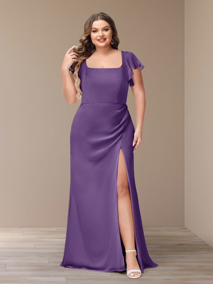 Plus Size Chiffon Bridesmaid Dress with Side Split and Short Sleeves