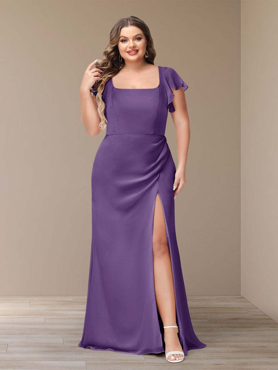 Plus Size Chiffon Bridesmaid Dress with Side Split and Short Sleeves