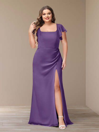 Plus Size Chiffon Bridesmaid Dress with Side Split and Short Sleeves