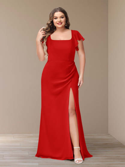 Plus Size Chiffon Bridesmaid Dress with Side Split and Short Sleeves
