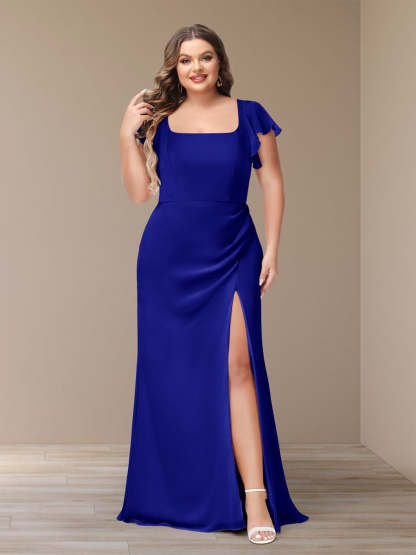 Plus Size Chiffon Bridesmaid Dress with Side Split and Short Sleeves