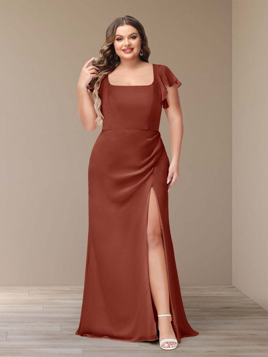 Plus Size Chiffon Bridesmaid Dress with Side Split and Short Sleeves