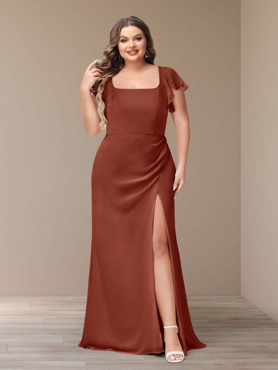 Plus Size Chiffon Bridesmaid Dress with Side Split and Short Sleeves