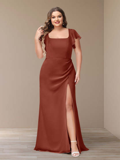 Plus Size Chiffon Bridesmaid Dress with Side Split and Short Sleeves