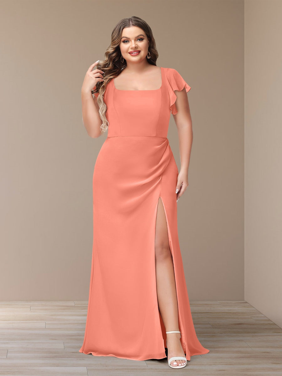 Plus Size Chiffon Bridesmaid Dress with Side Split and Short Sleeves
