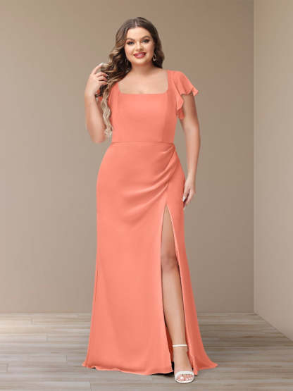 Plus Size Chiffon Bridesmaid Dress with Side Split and Short Sleeves