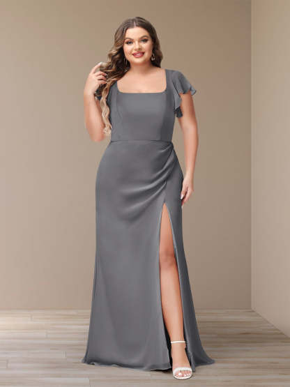 Plus Size Chiffon Bridesmaid Dress with Side Split and Short Sleeves