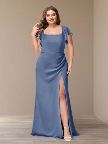 Plus Size Chiffon Bridesmaid Dress with Side Split and Short Sleeves