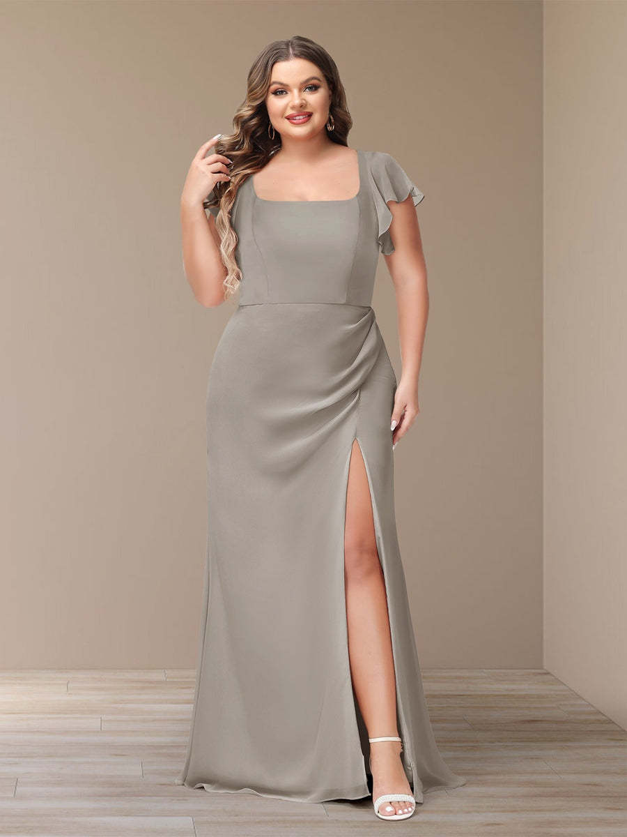 Plus Size Chiffon Bridesmaid Dress with Side Split and Short Sleeves