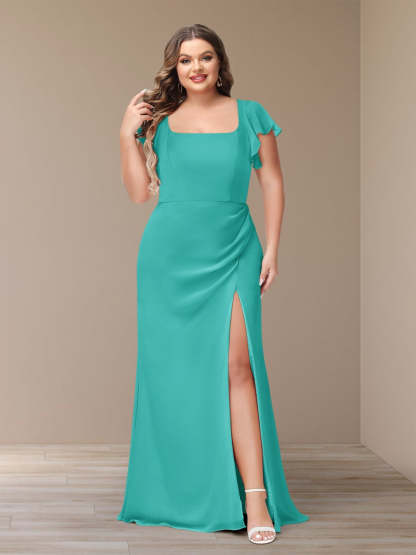 Plus Size Chiffon Bridesmaid Dress with Side Split and Short Sleeves