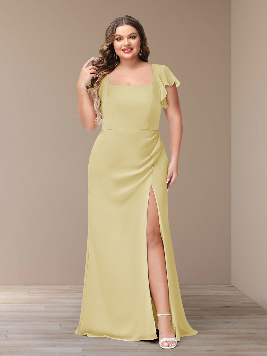 Plus Size Chiffon Bridesmaid Dress with Side Split and Short Sleeves