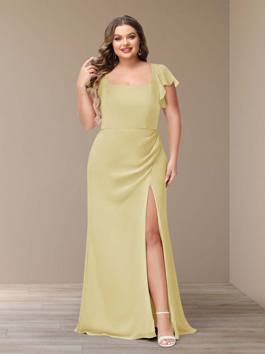 Plus Size Chiffon Bridesmaid Dress with Side Split and Short Sleeves