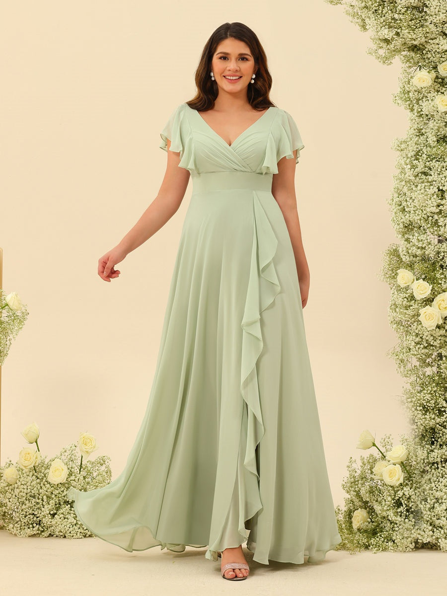 Plus Size V-Neck A-Line Bridesmaid Dresses with Ruffles and Princess Silhouette