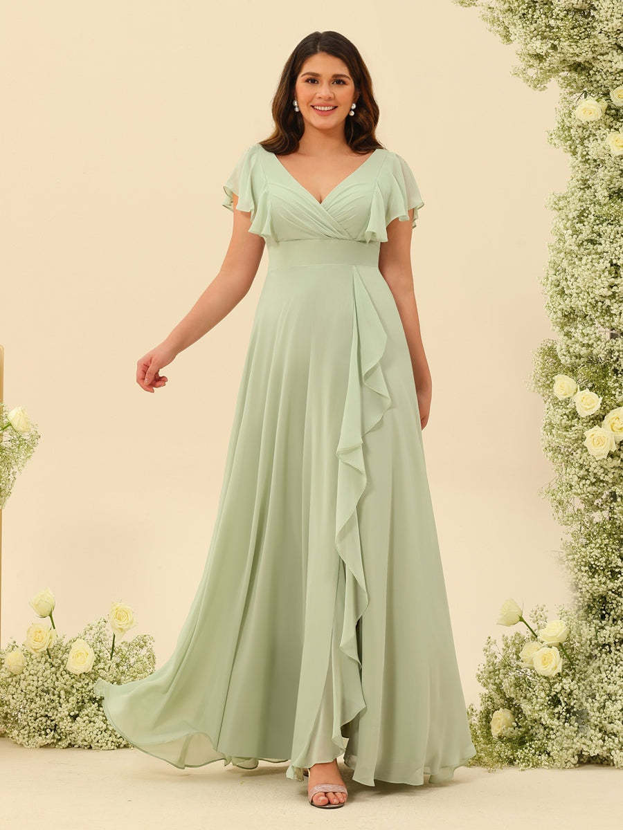 Plus Size V-Neck A-Line Bridesmaid Dresses with Ruffles and Princess Silhouette