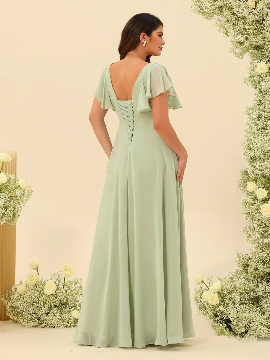 Plus Size V-Neck A-Line Bridesmaid Dresses with Ruffles and Princess Silhouette