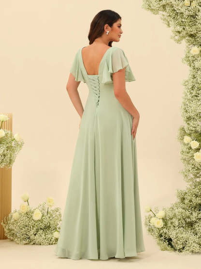 Plus Size V-Neck A-Line Bridesmaid Dresses with Ruffles and Princess Silhouette