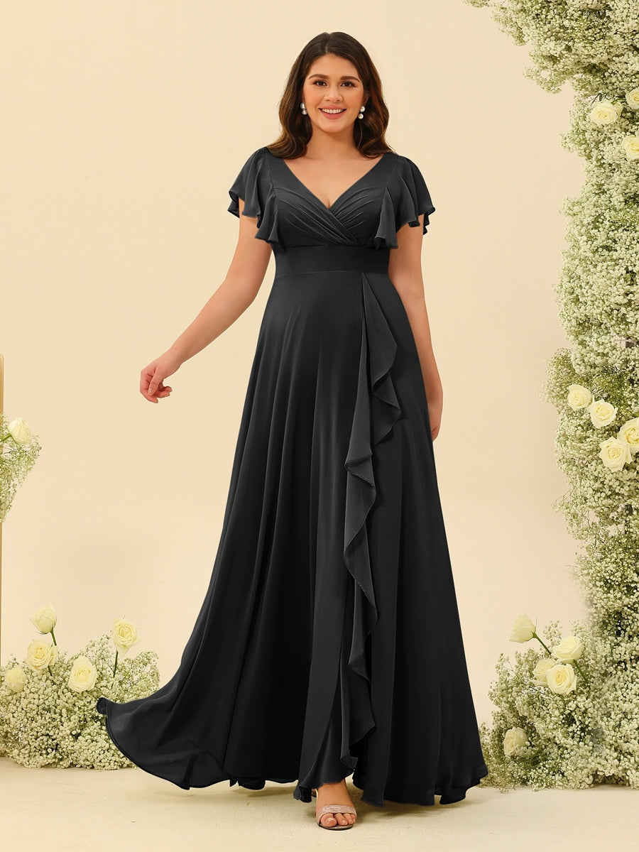 Plus Size V-Neck A-Line Bridesmaid Dresses with Ruffles and Princess Silhouette