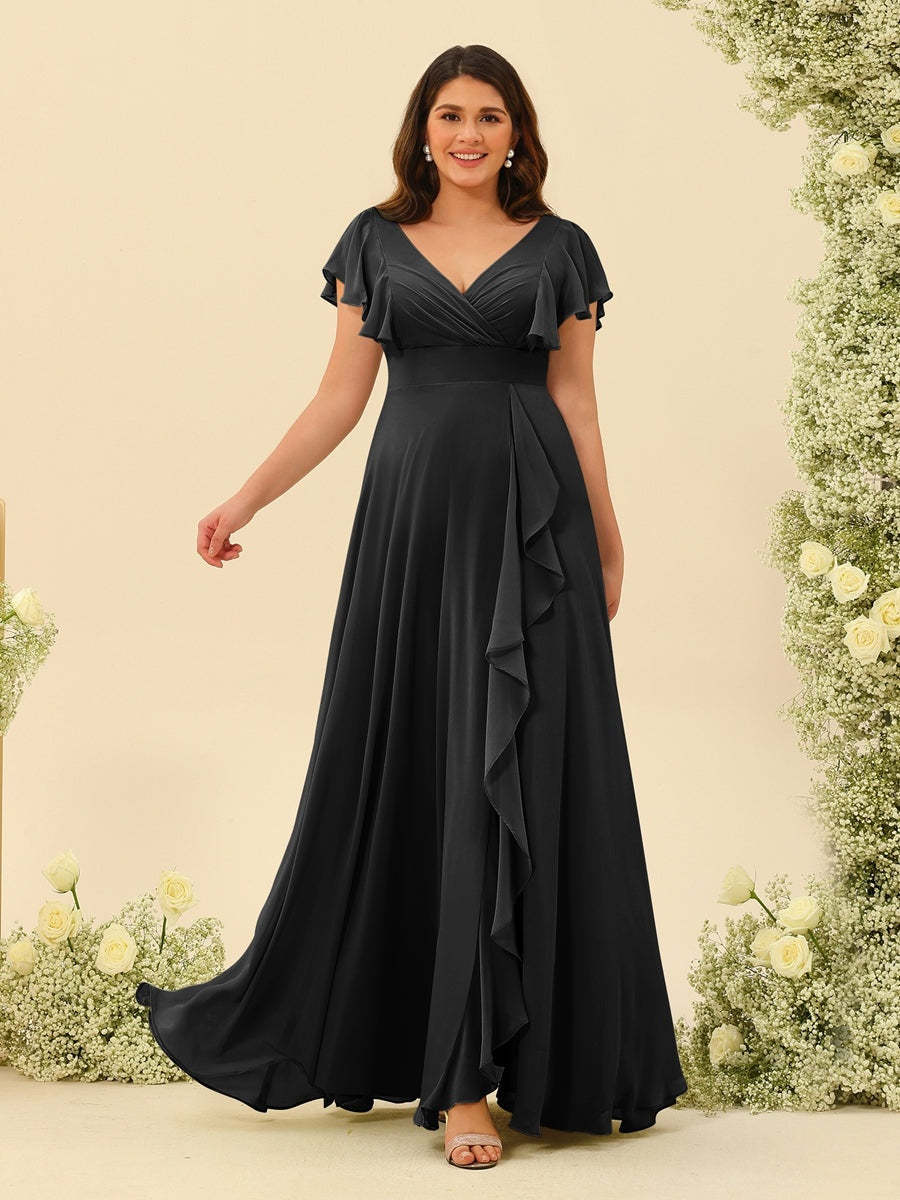 Plus Size V-Neck A-Line Bridesmaid Dresses with Ruffles and Princess Silhouette