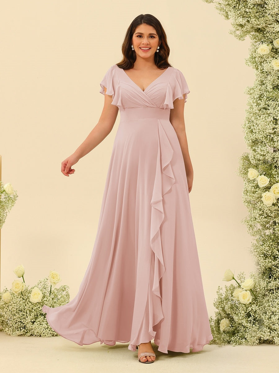 Plus Size V-Neck A-Line Bridesmaid Dresses with Ruffles and Princess Silhouette