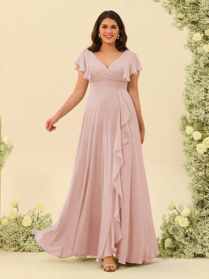 Plus Size V-Neck A-Line Bridesmaid Dresses with Ruffles and Princess Silhouette