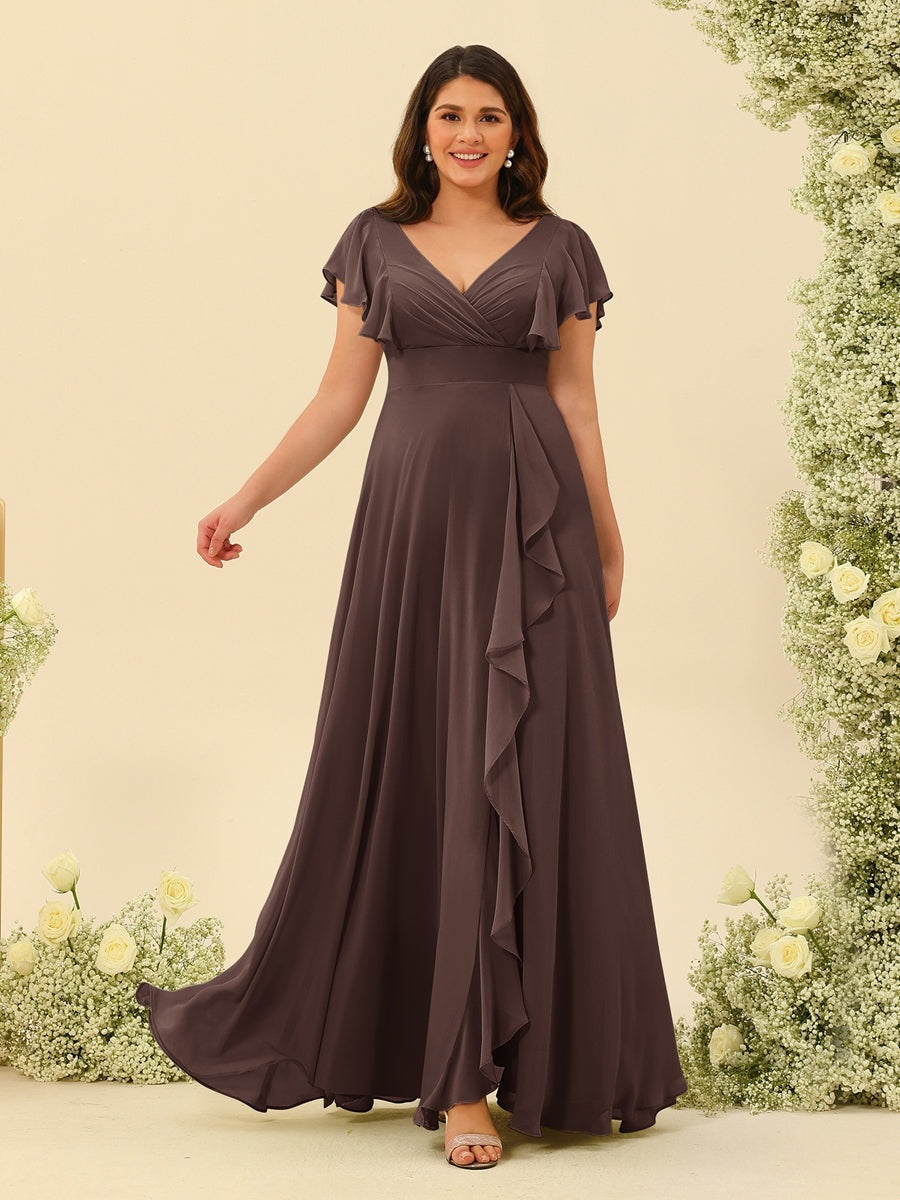 Plus Size V-Neck A-Line Bridesmaid Dresses with Ruffles and Princess Silhouette