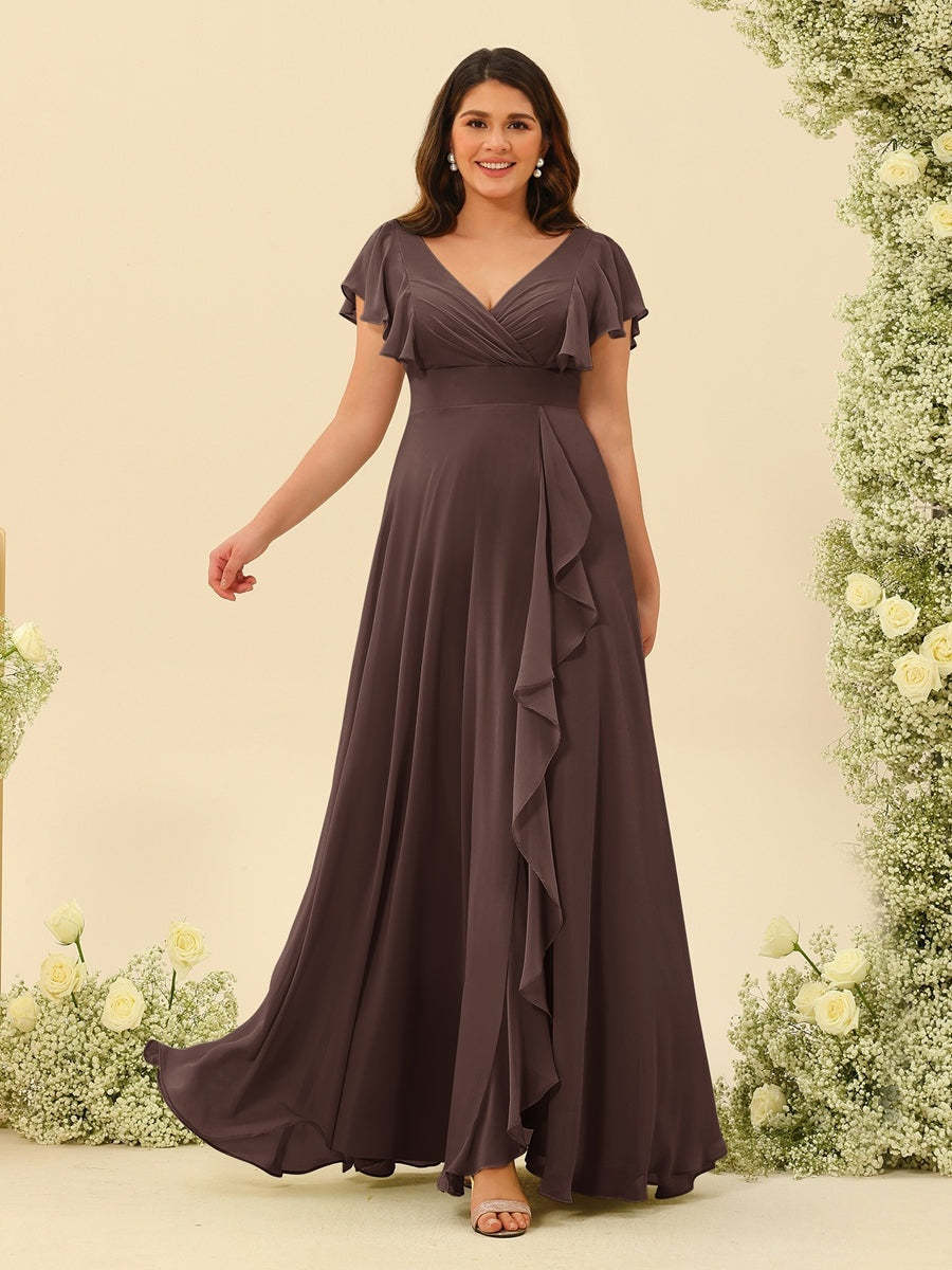Plus Size V-Neck A-Line Bridesmaid Dresses with Ruffles and Princess Silhouette