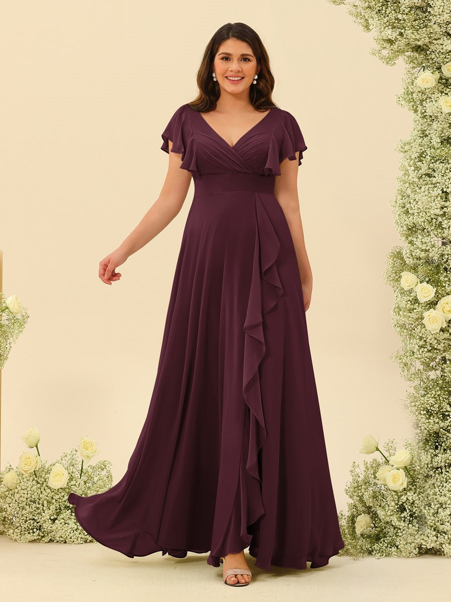 Plus Size V-Neck A-Line Bridesmaid Dresses with Ruffles and Princess Silhouette