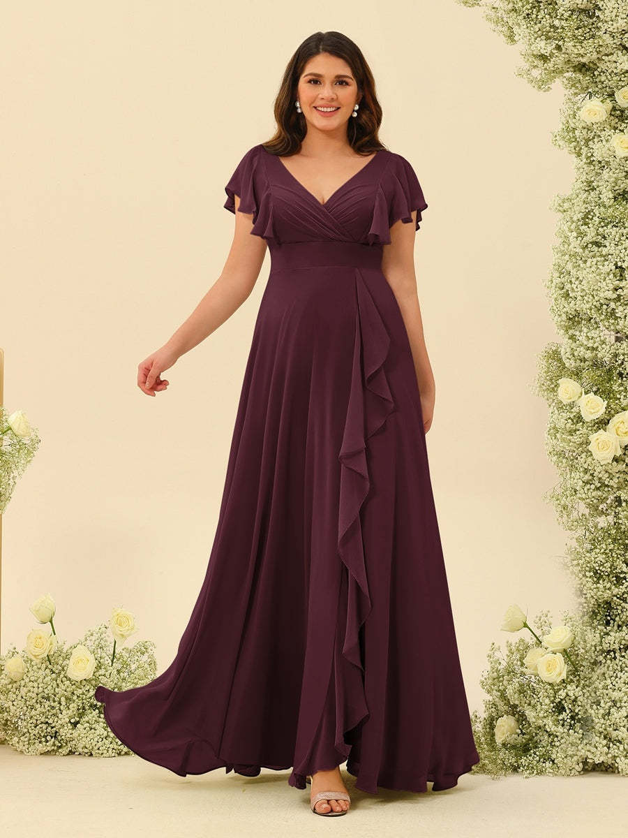 Plus Size V-Neck A-Line Bridesmaid Dresses with Ruffles and Princess Silhouette